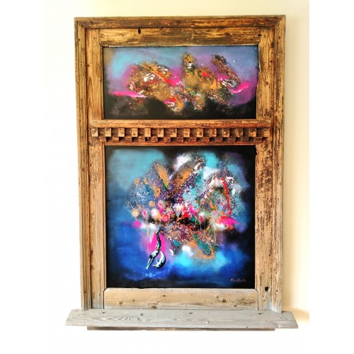 Felix Albus "Deeply in infinity" (123cm X 80cm X 10cm) Acrylic on old wood window frame, 2020
