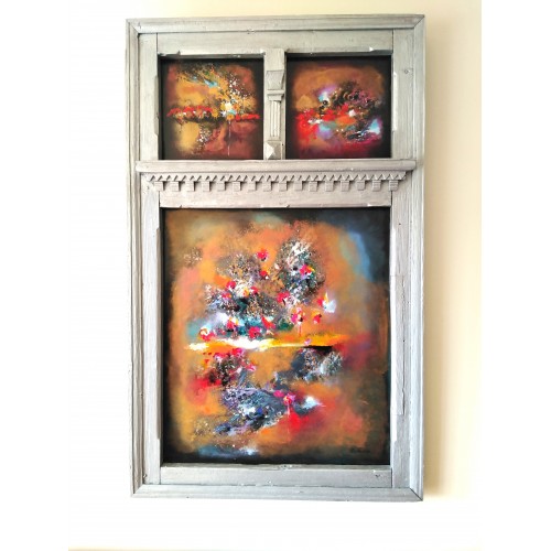 Felix Albus " Look...and let yourself go" (125cm X 77cm X 8cm) Acrylic on old wood window frame, 2020