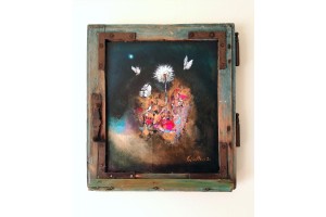 Felix Albus "When life triumphs" (38cm x 34,5cm X 3cm) Acrylic on old wood window frame, 2020