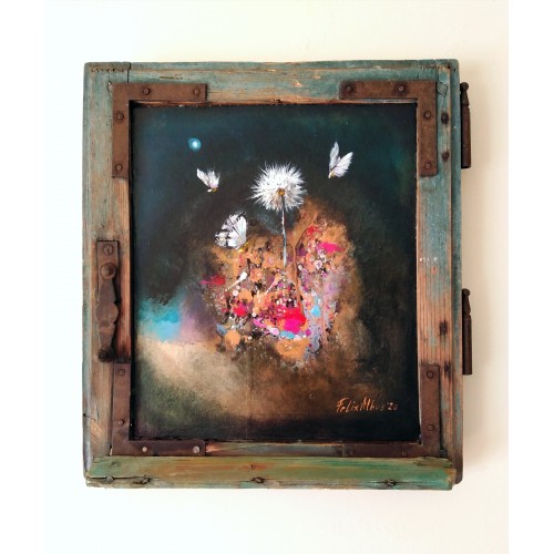Felix Albus "When life triumphs" (38cm x 34,5cm X 3cm) Acrylic on old wood window frame, 2020