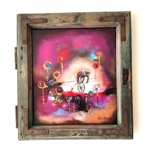 Felix Albus "The unlimited balance is you" (45cm X 40cm X 3cm) Acrylic on old wood window frame, 2020