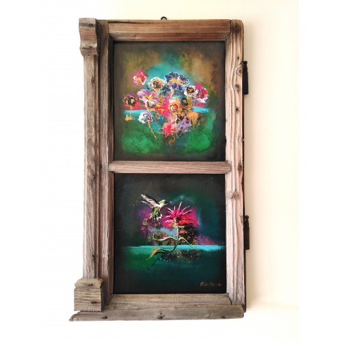 Felix Albus ""The expansion of life (67cm X 37cm X 3cm) Acrylic on old wood window frame, 2020