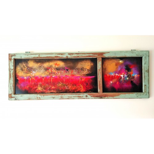 Felix Albus "Let's explore this land" (110cm X 37cm X 3cm) Acrylic on old wood window frame, 2020