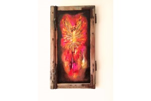 Felix Albus "Phoenix is just a moment of Infinity" (68cm X 37cm X 3cm) Acrylic on old wood window frame, 2020