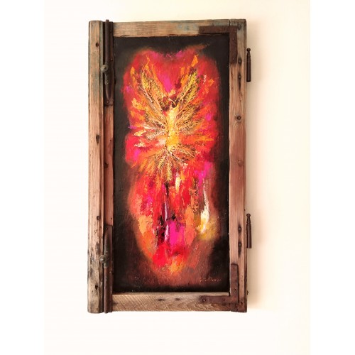 Felix Albus "Phoenix is just a moment of Infinity" (68cm X 37cm X 3cm) Acrylic on old wood window frame, 2020