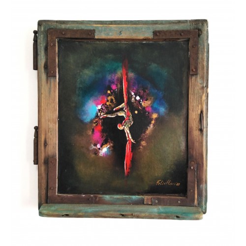 Felix Albus "Dancing in abyss" (39cm X 34cm X 3cm) Acrylic on old wood window frame, 2020