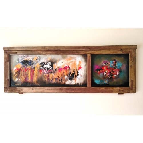 Felix Albus "Run from the dust of time" (110cm X 37cm X 3cm) Acrylic on old wood window frame, 2020