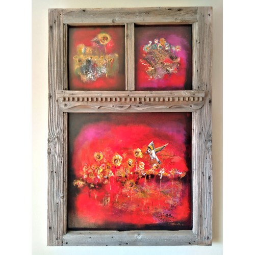 Felix Albus "Infinity allows me to explore you"(125cm X 80cm X 10cm) Acrylic on old wood window frame, 2020